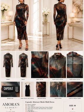 Capsule Abstract Multi-Color Mesh Midi Dress - Rust/Teal